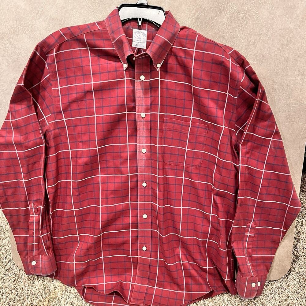 Brooks Brothers Mens Shirt X-Large Burgundy Plaid Regent Long Sleeve Button Up - Picture 1 of 11